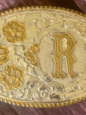 Vtg Crumrine Silversmiths Heavy Silverplate On Bronze Initial R Belt Buckle oval
